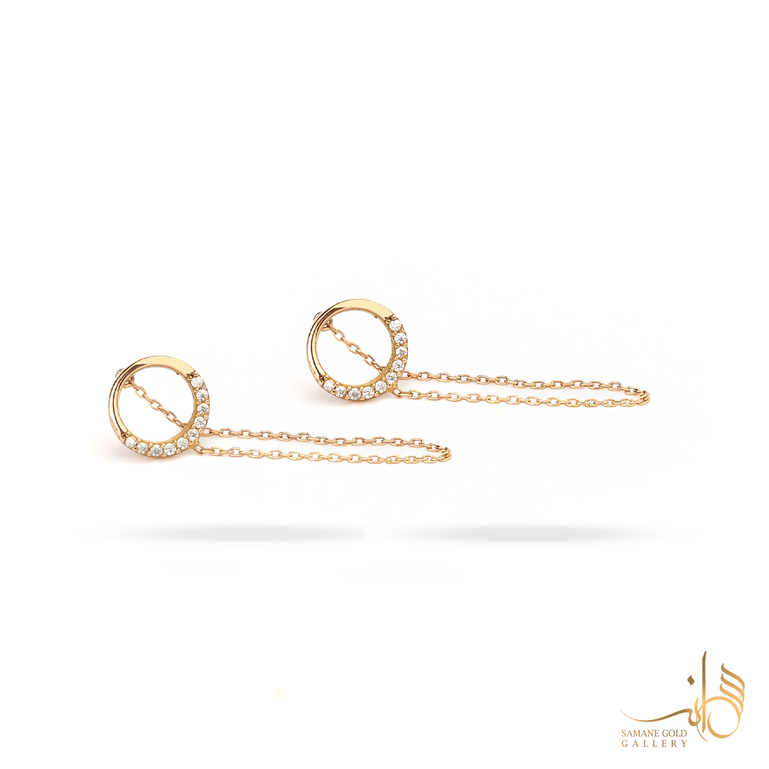 گوشواره طلا میخی دایره نگین‌دار زنجیری