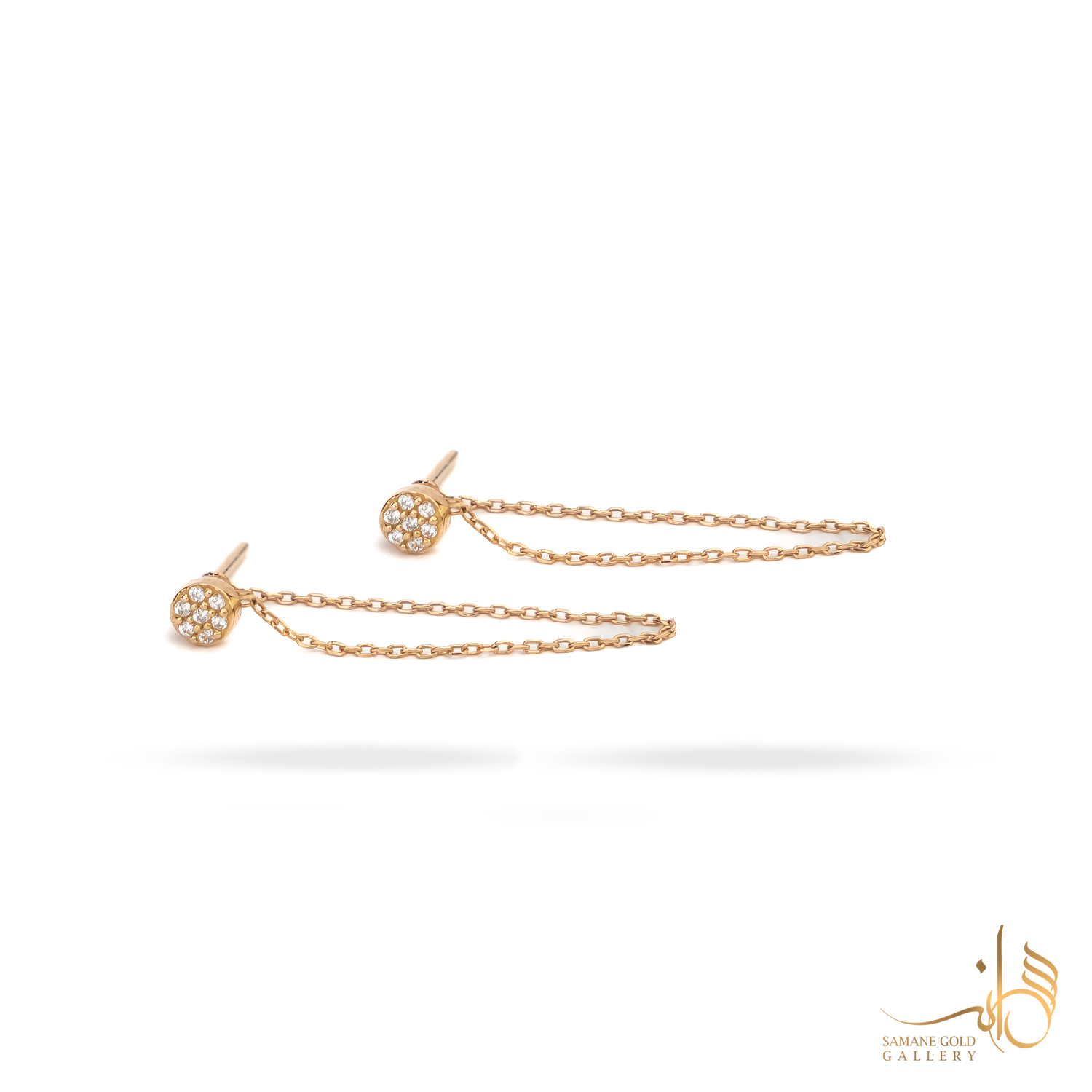 گوشواره طلا میخی دایره نگین‌دار برجسته زنجیری