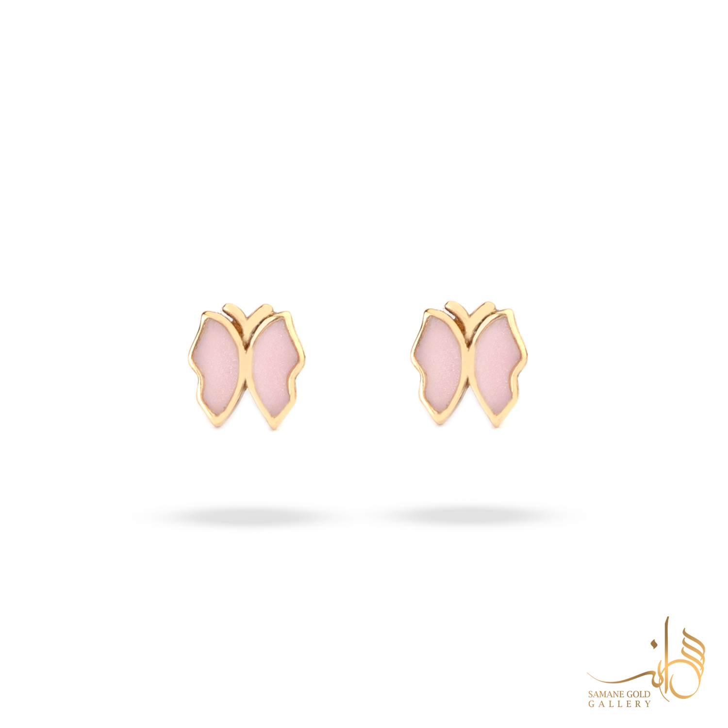 گوشواره طلا میخی پروانه مینا صورتی