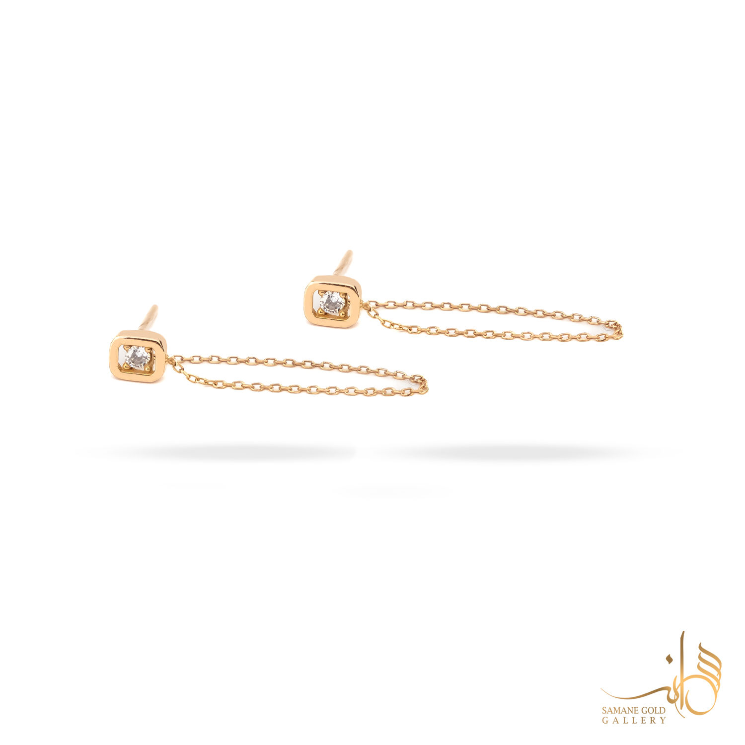 گوشواره طلا میخی مستطیل نگین‌دار زنجیری