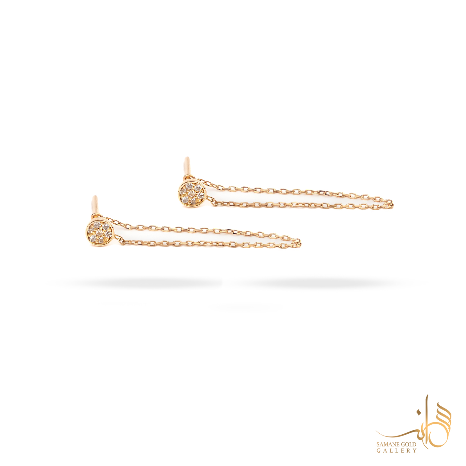 گوشواره طلا میخی دايره ریز نگین‌دار زنجیری