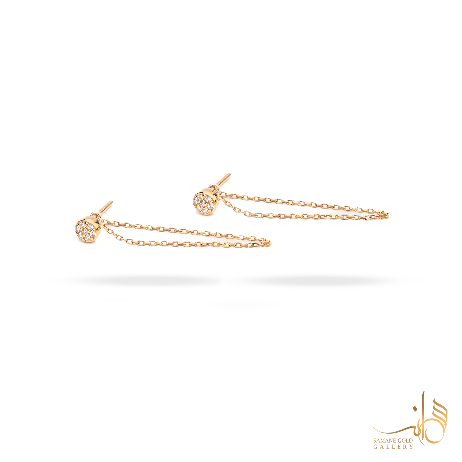 گوشواره طلا دایره نگین دار برجسته زنجیری