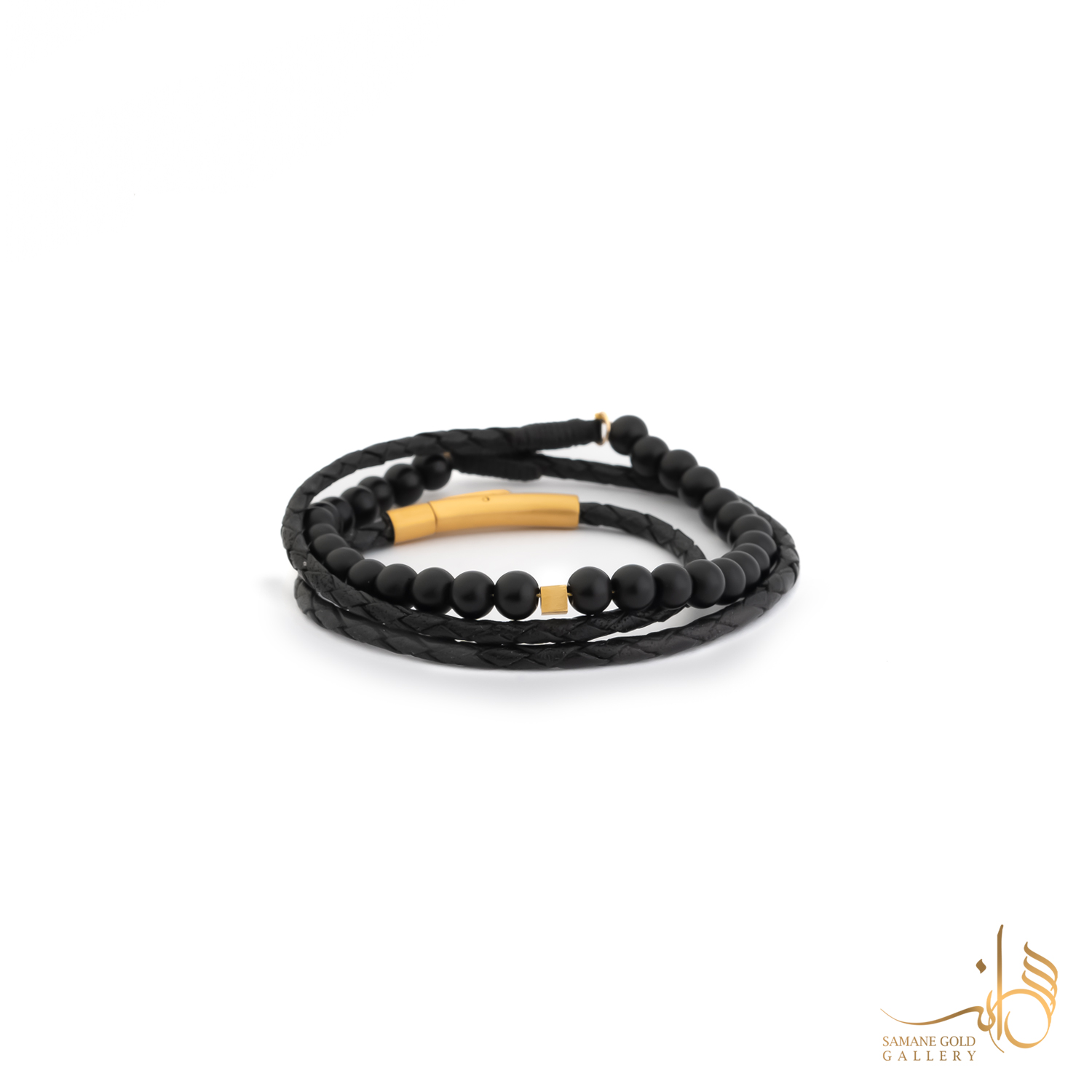 دستبند طلا و چرم تک مکعب سه رج