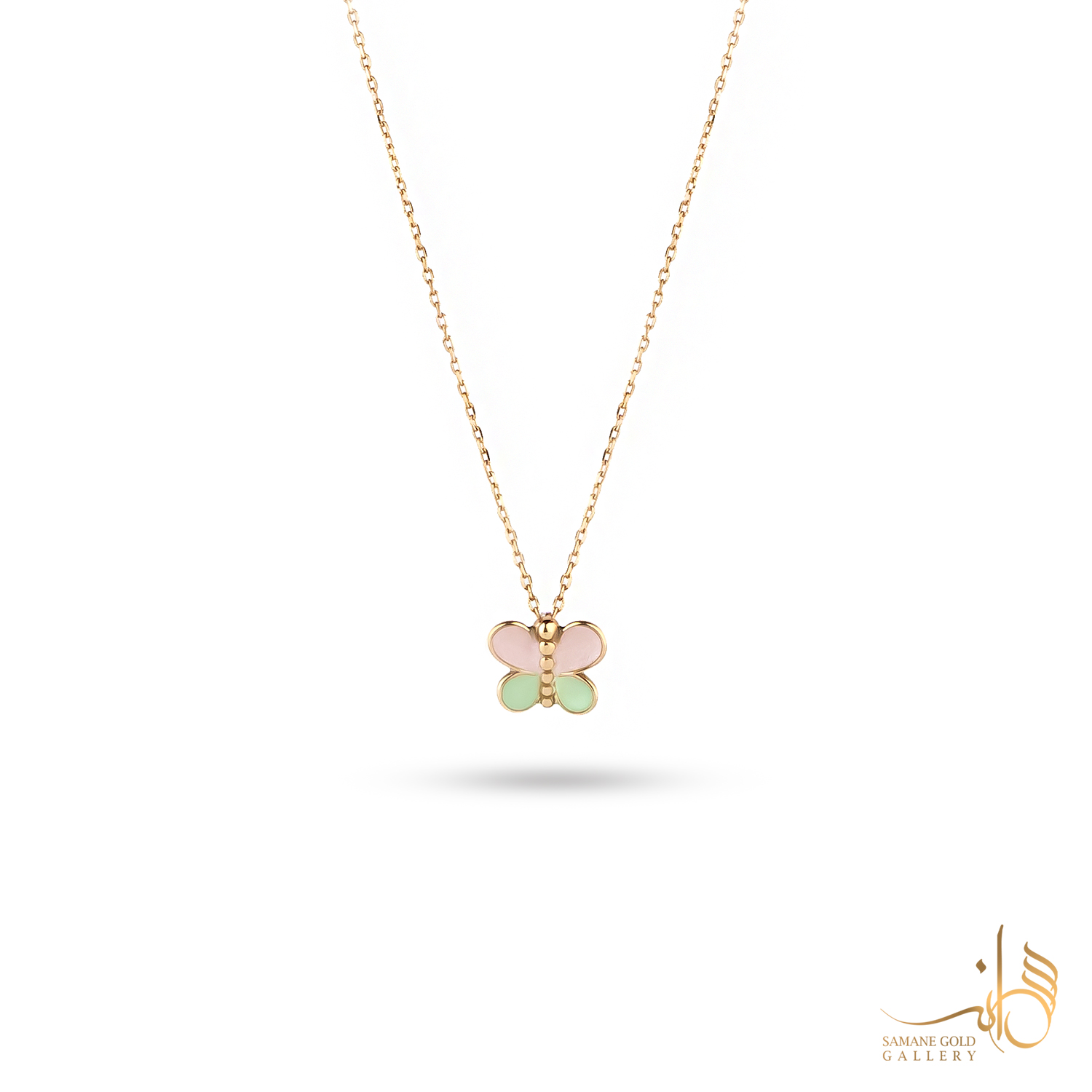 گردنبند طلا پروانه سبز و صورتی