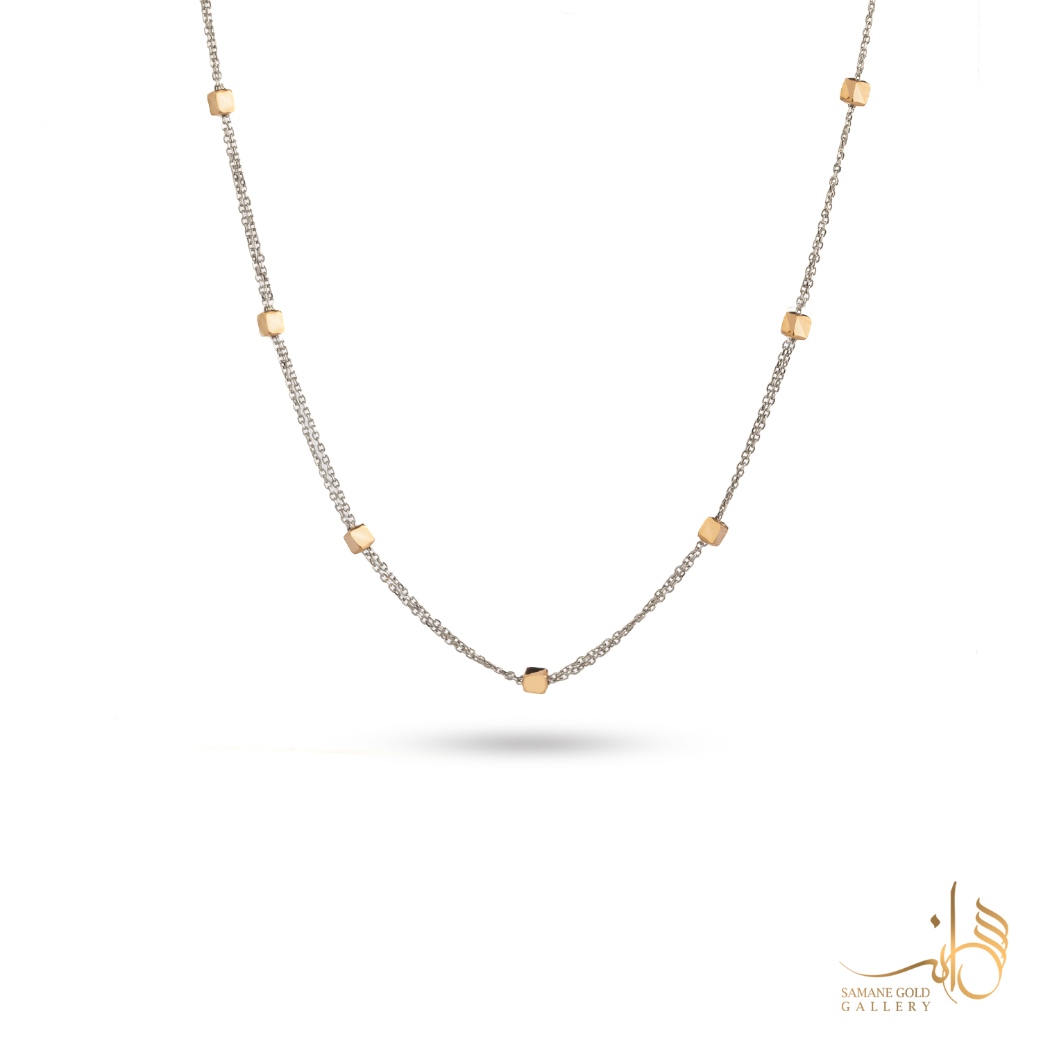 گردنبند طلا مکعب دو لاین سیلور و رزگلد