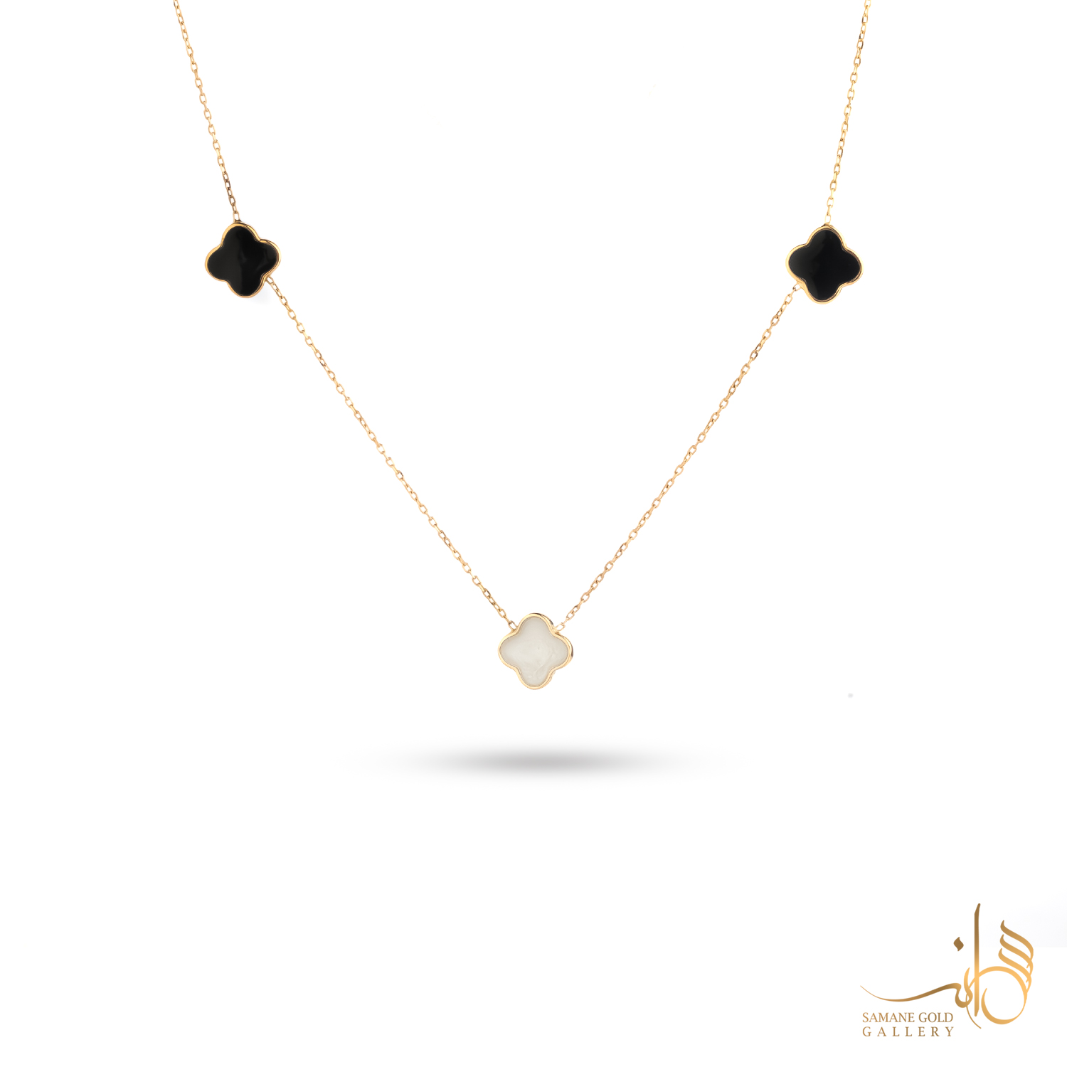 گردنبند طلا ونکلیف سه گل سفید و مشکی