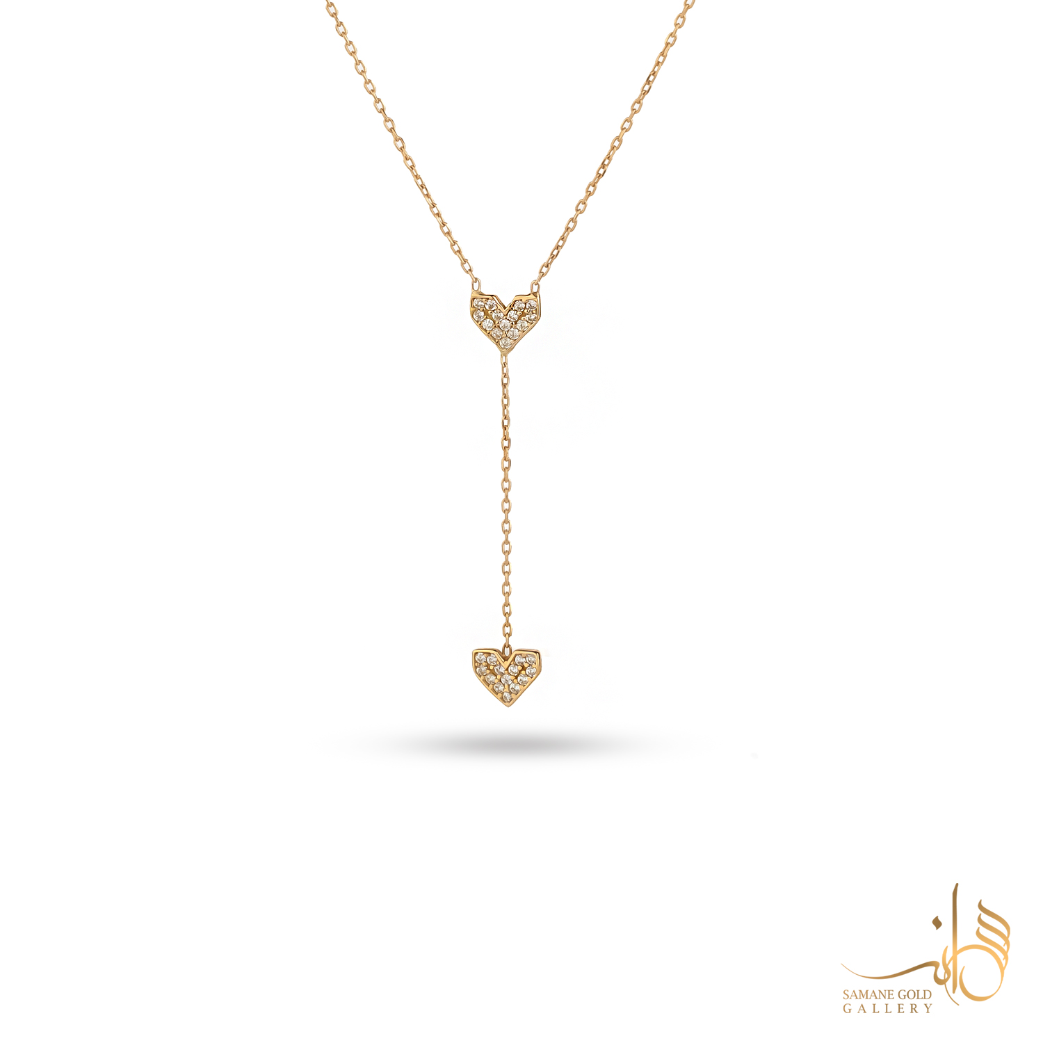 گردنبند طلا کراواتی دوقلب نگین‌دار