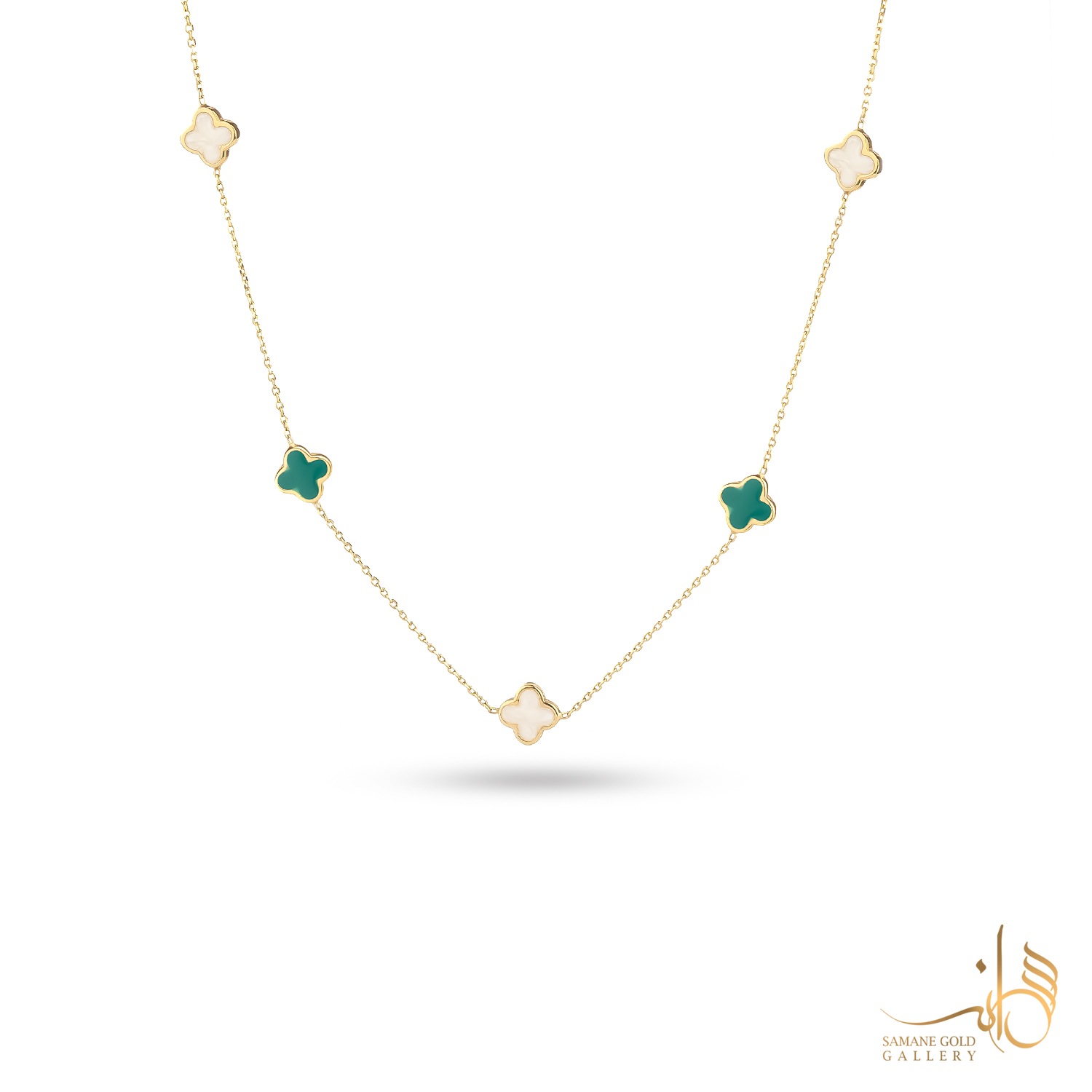 گردنبند طلا پنج گل ونکلیف سفید و سبز