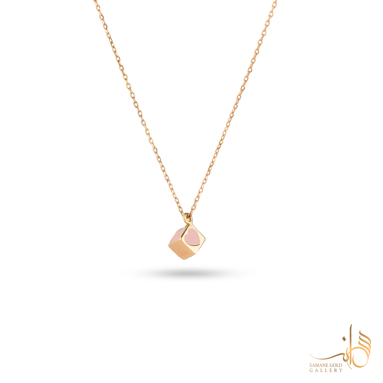 گردنبند طلا مکعب قلب مینا صورتی