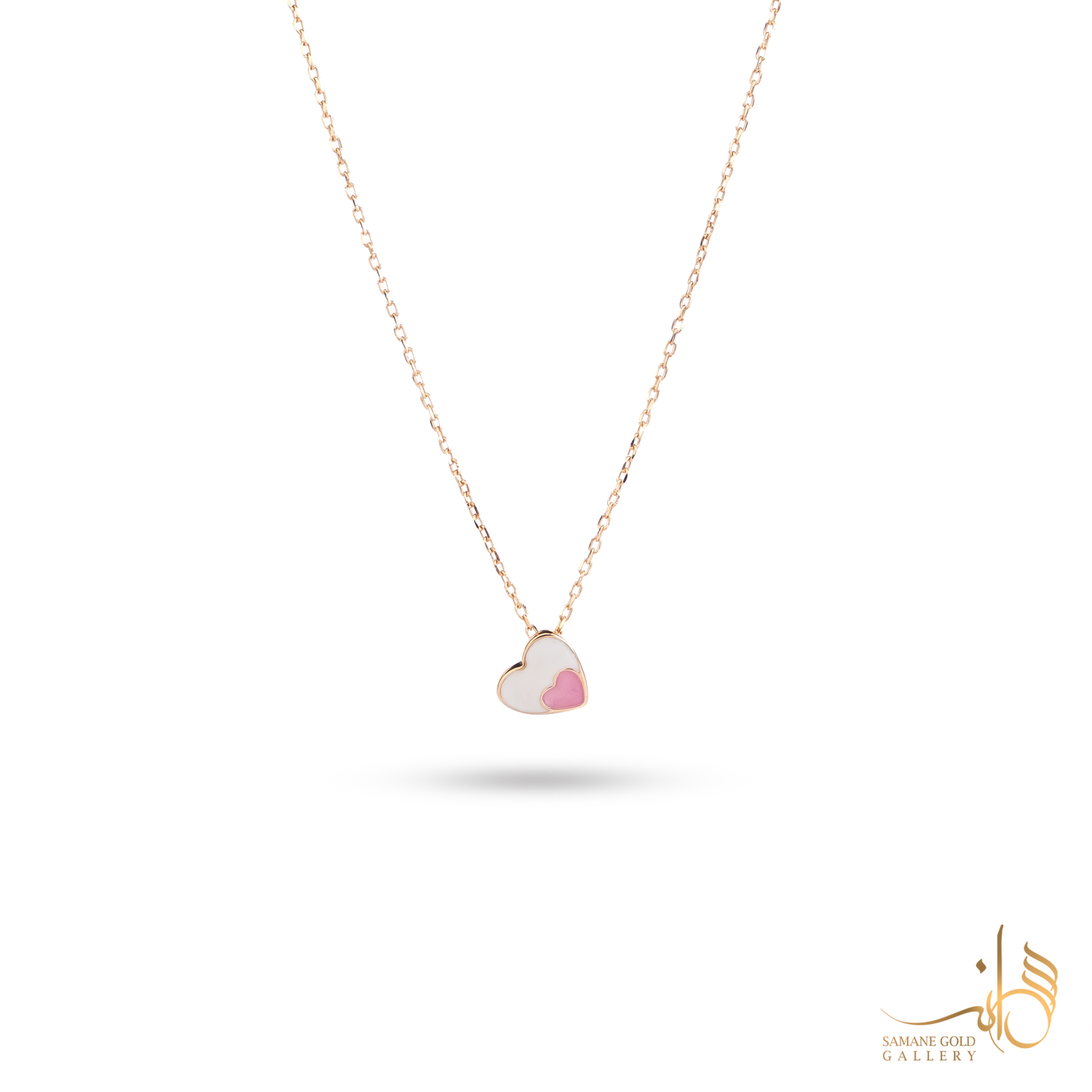 گردنبند طلا دو قلب سفید صورتی