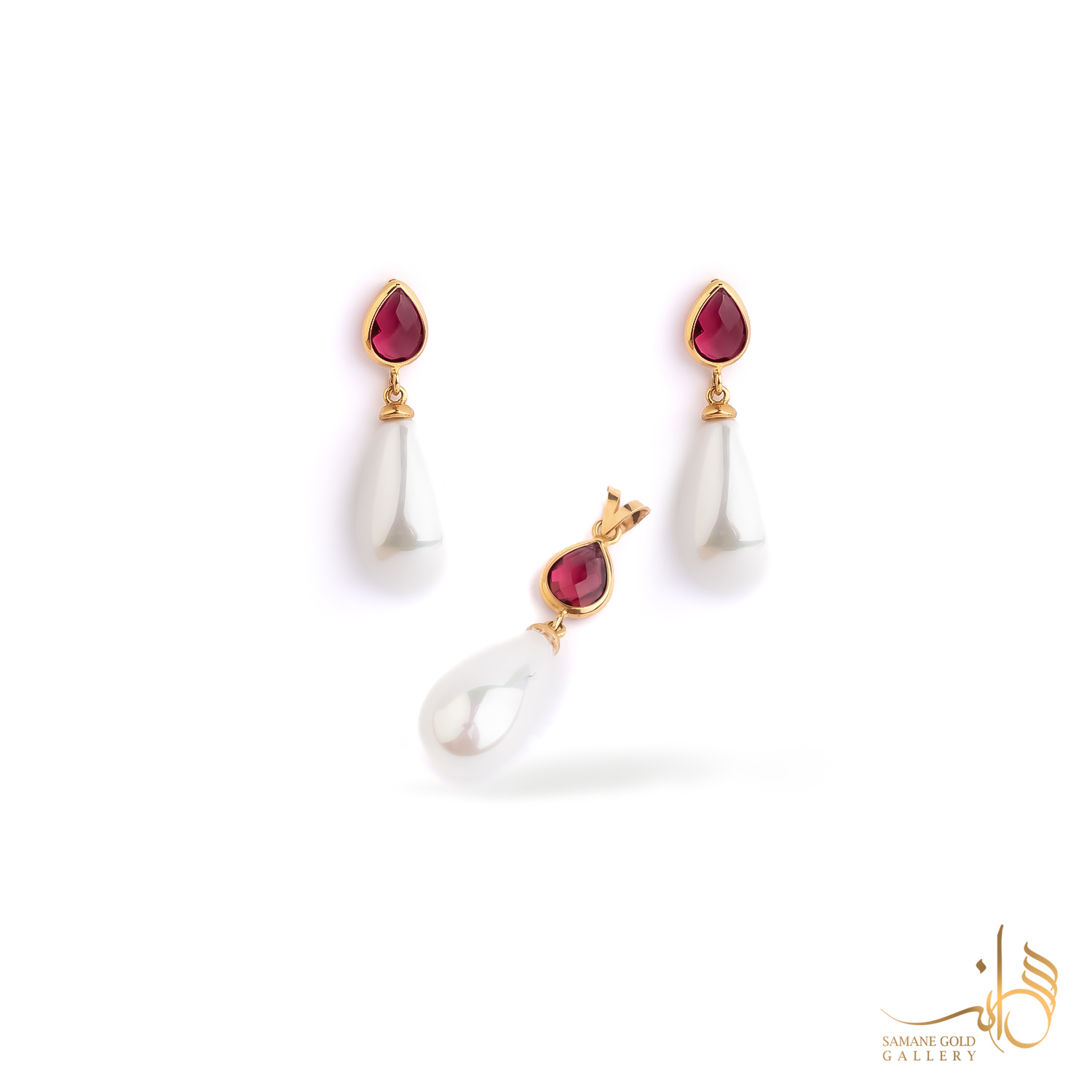 نیم‌ست طلا مروارید اشک و مارکو قرمز