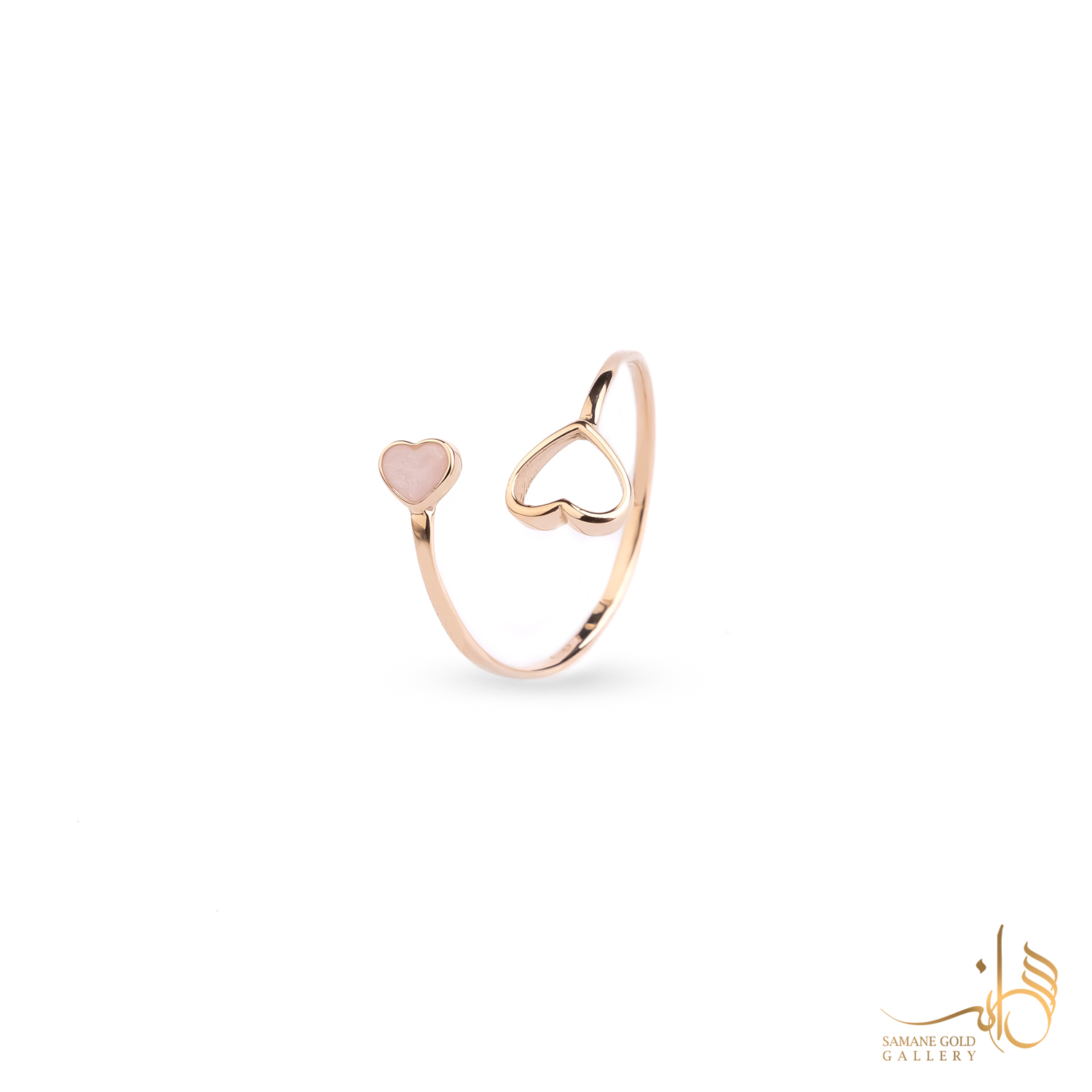 انگشتر طلا دو قلب با فاصله مینا صورتی