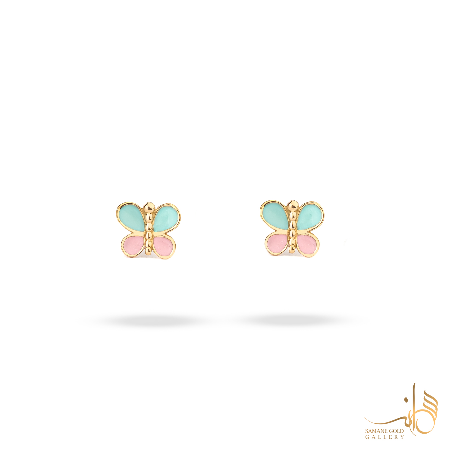 گوشواره طلا میخی پروانه مینا آبی صورتی