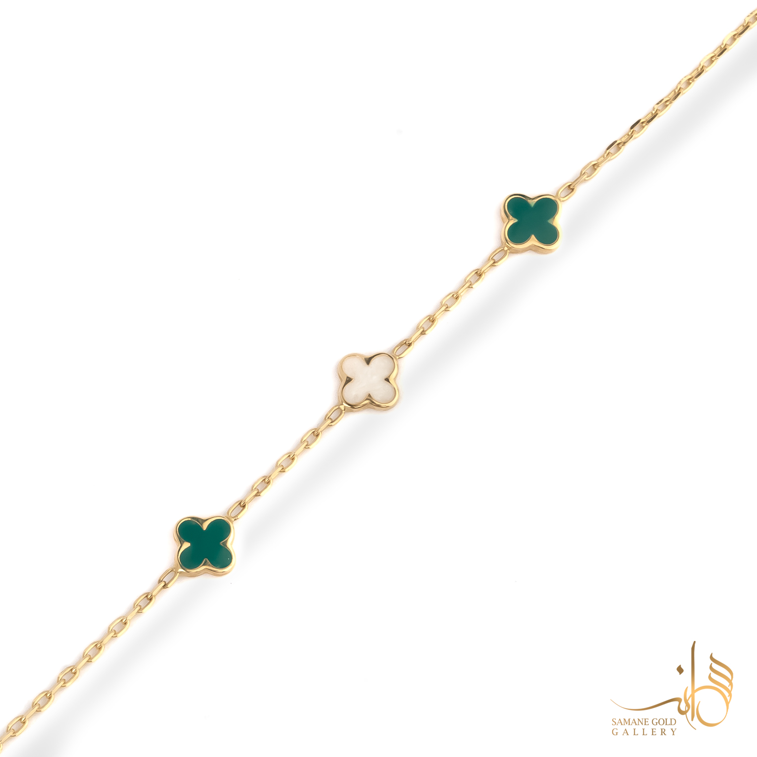 دستبند طلا ونکلیف مینا سفید سبز