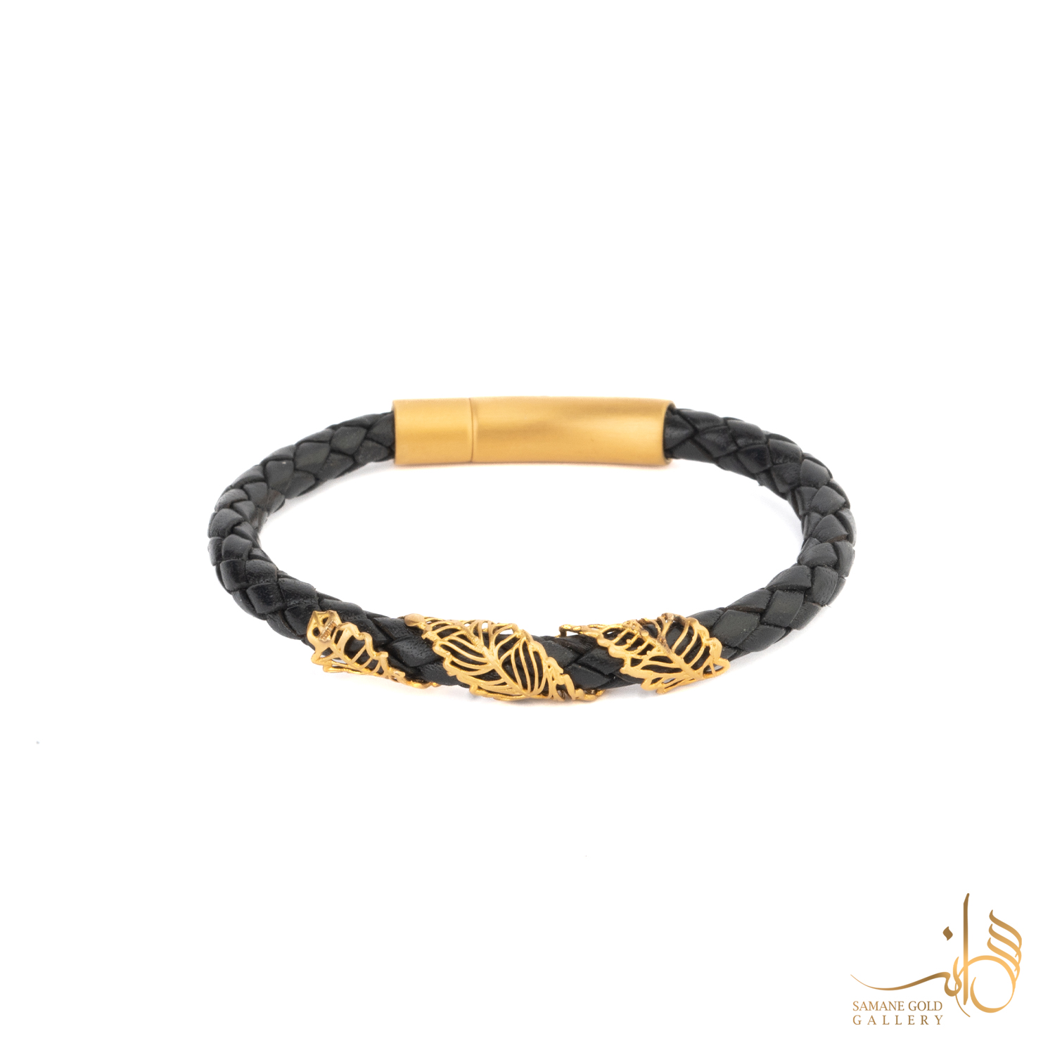 دستبند طلا و چرم برگ