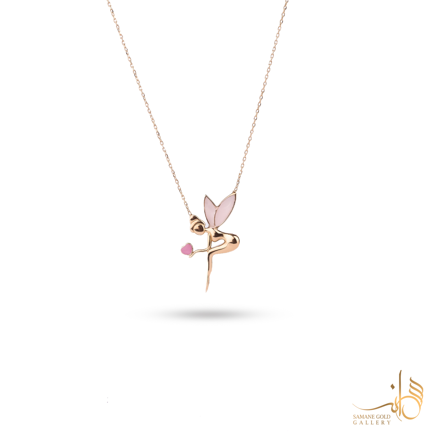 گردنبند طلا فرشته با قلب مینا کاری صورتی