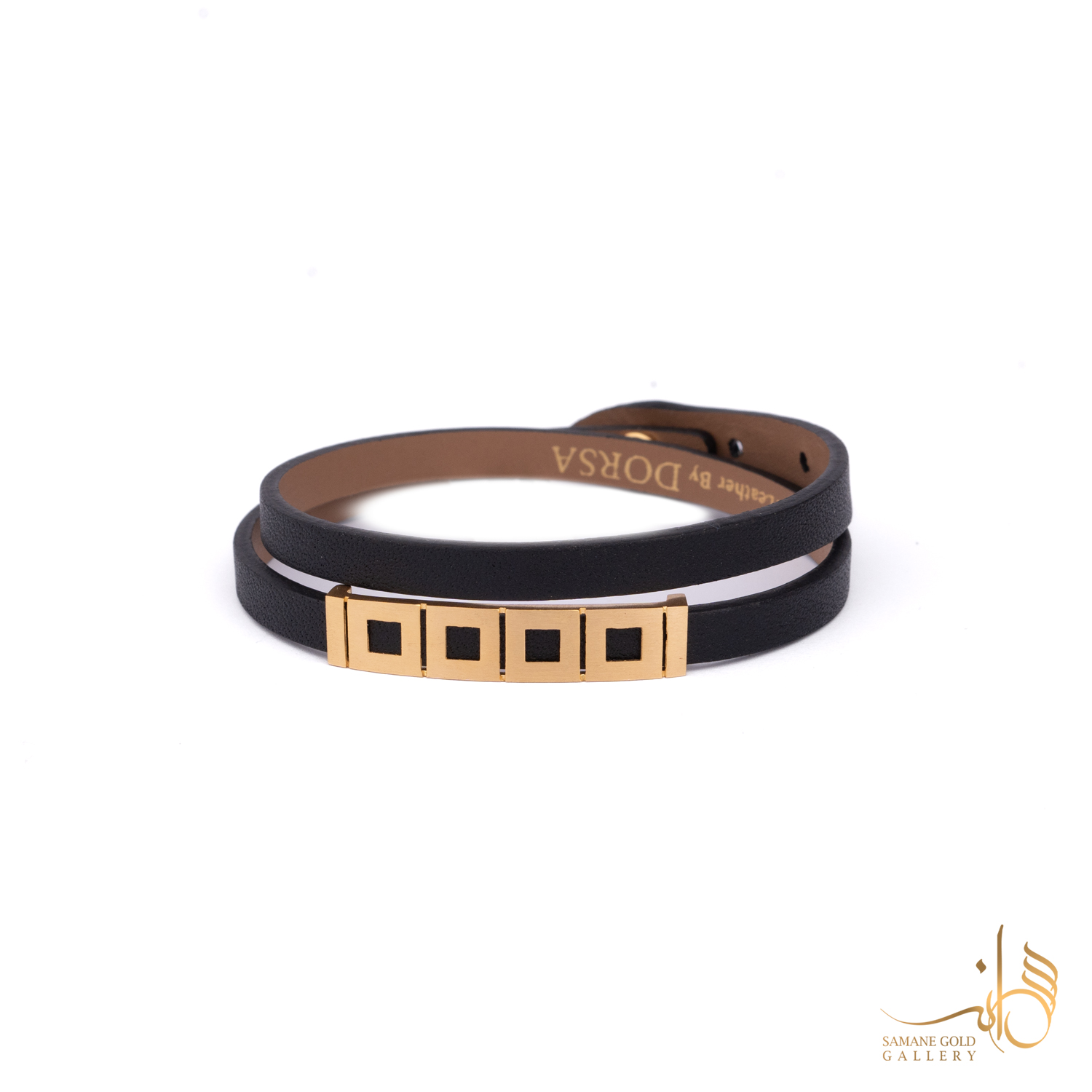 دستبند طلا و چرم چهار مربع