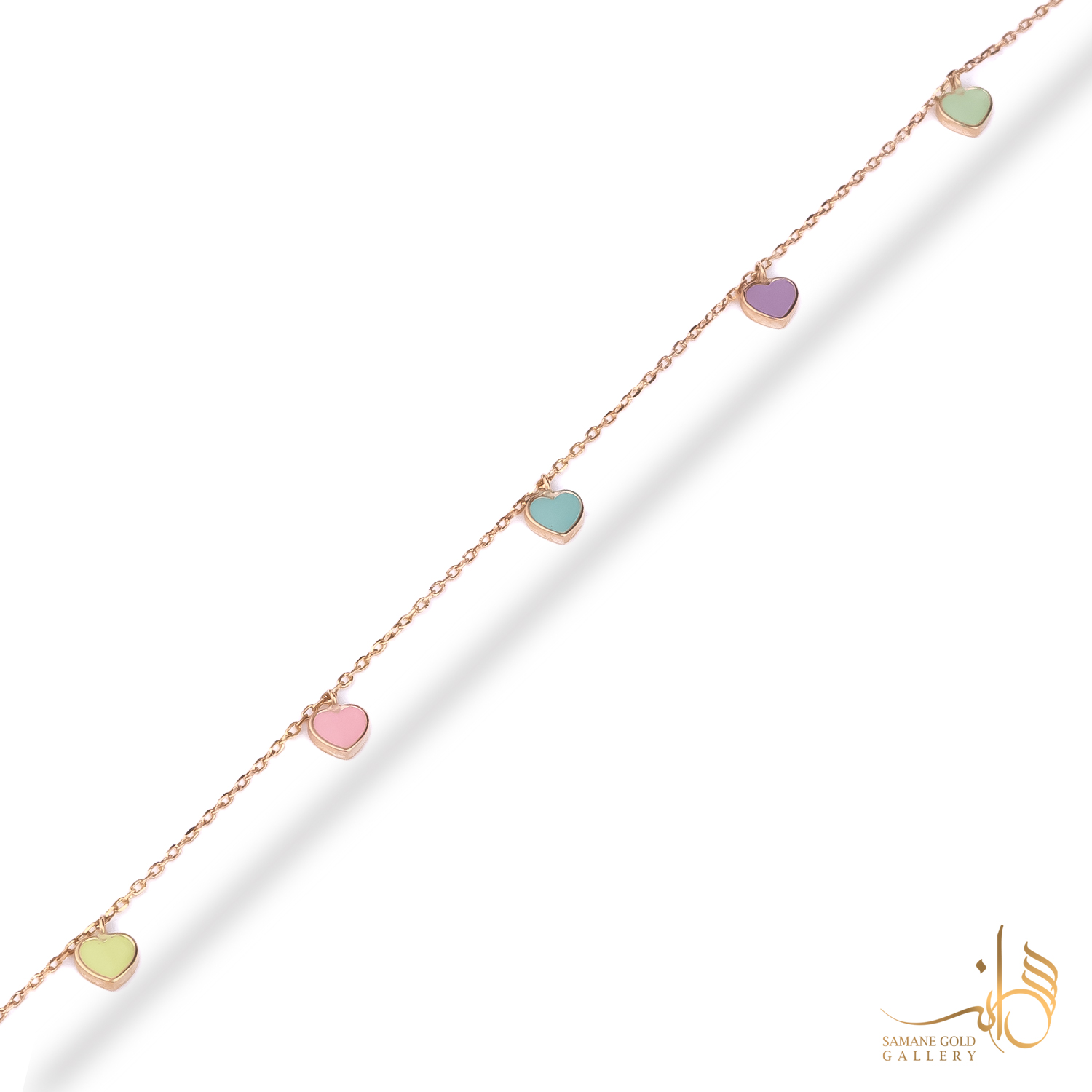 دستبند طلا پنج قلب رنگی