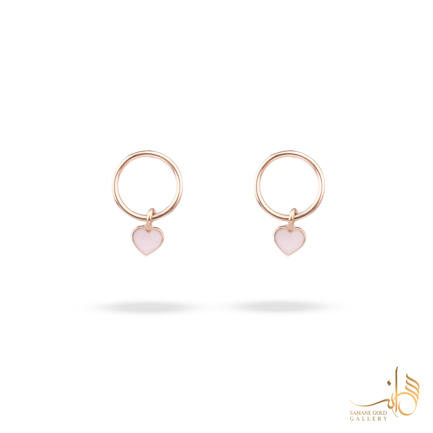 گوشواره طلا میخی حلقه آویز قلب مینا کاری صورتی باربی