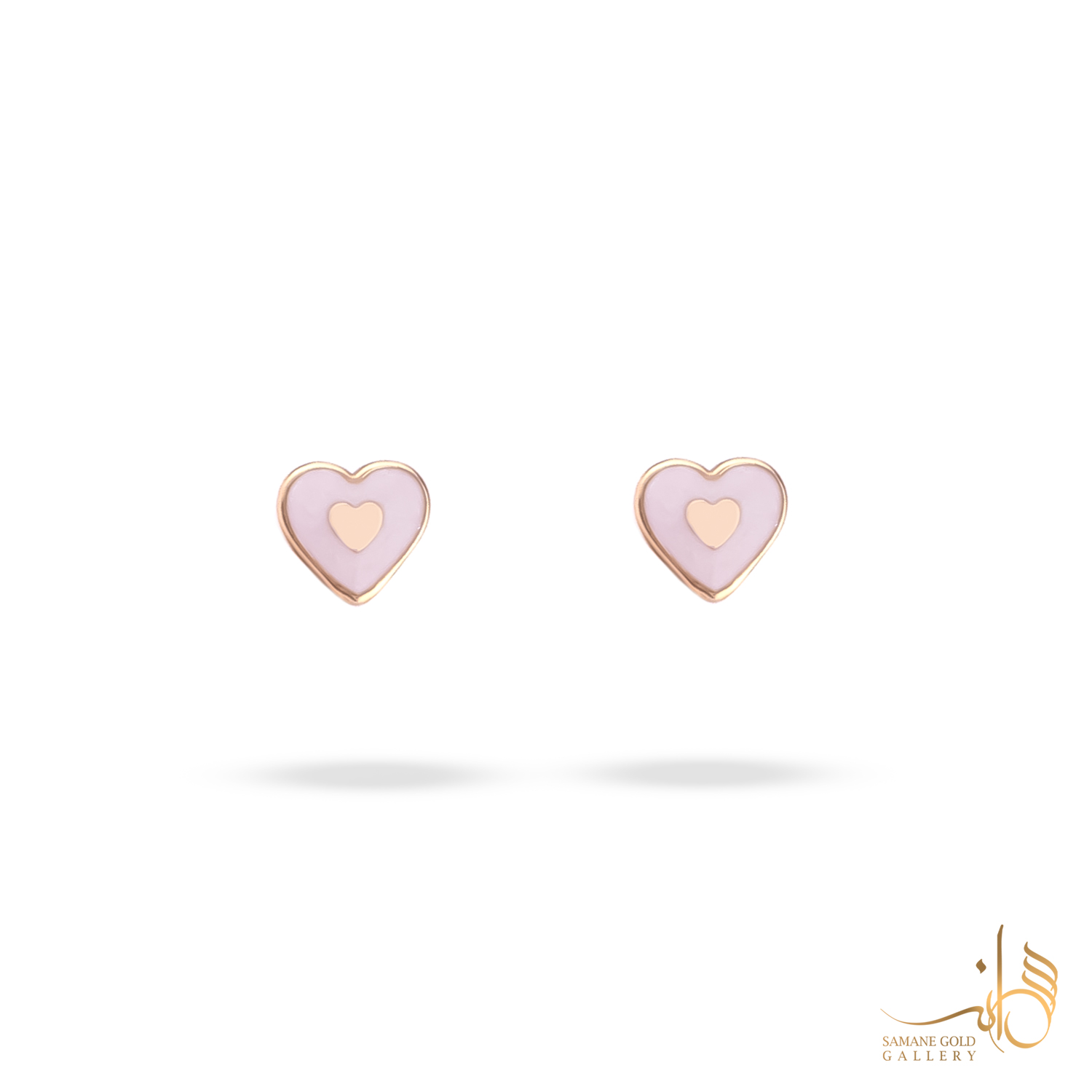 گوشواره طلا میخی دو قلب مینا کاری صورتی